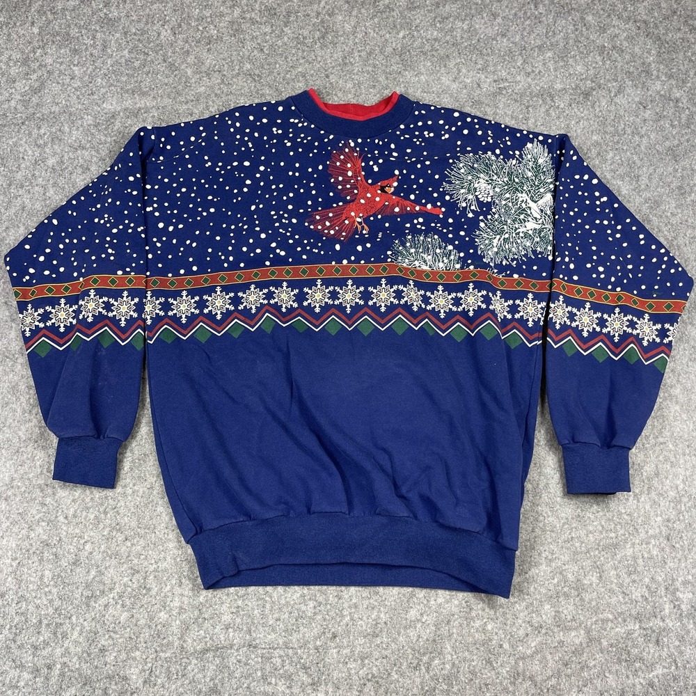 Vintage Orvis Sweatshirt Womens L/XL Blue Cardinal Snowflake Crewneck USA 90s
